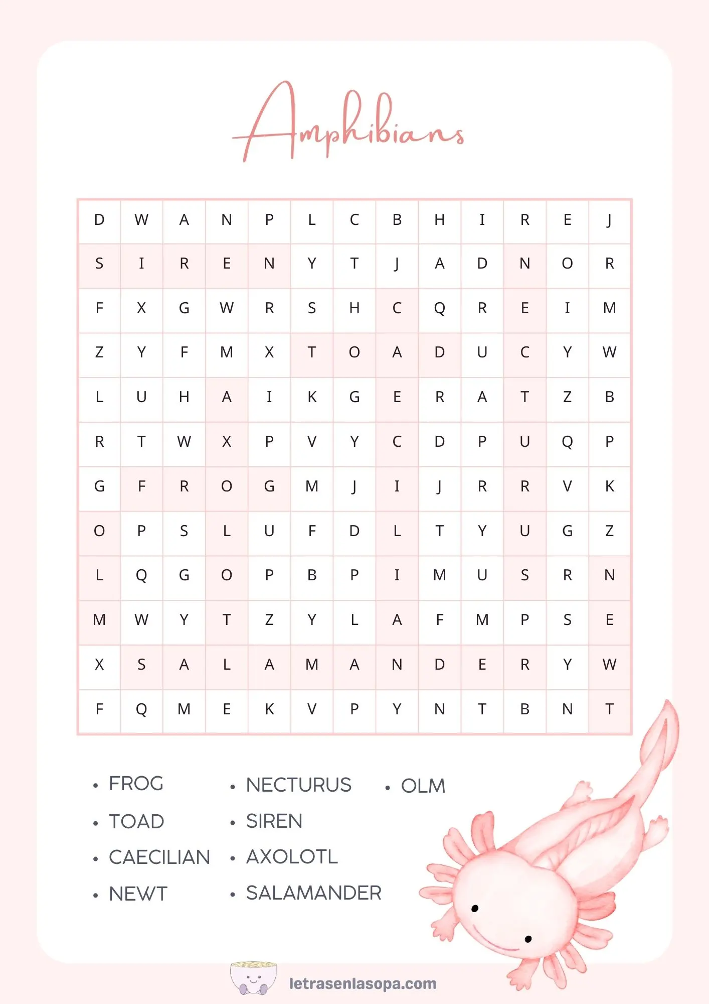 soluciones sopa de letras animales inglés anfibios