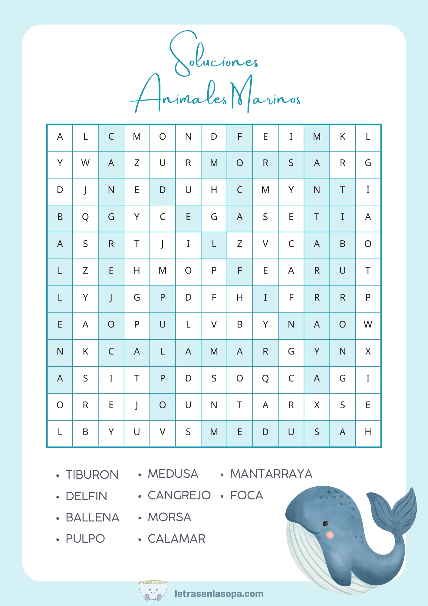 soluciones sopas de letras de animales para niños animales marinos