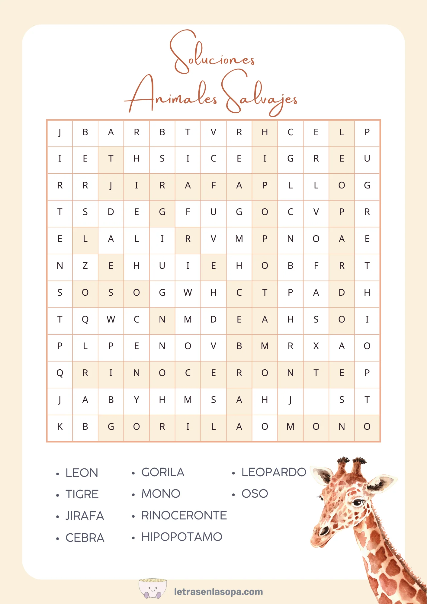 soluciones sopas de letras de animales para niños animales salvajes