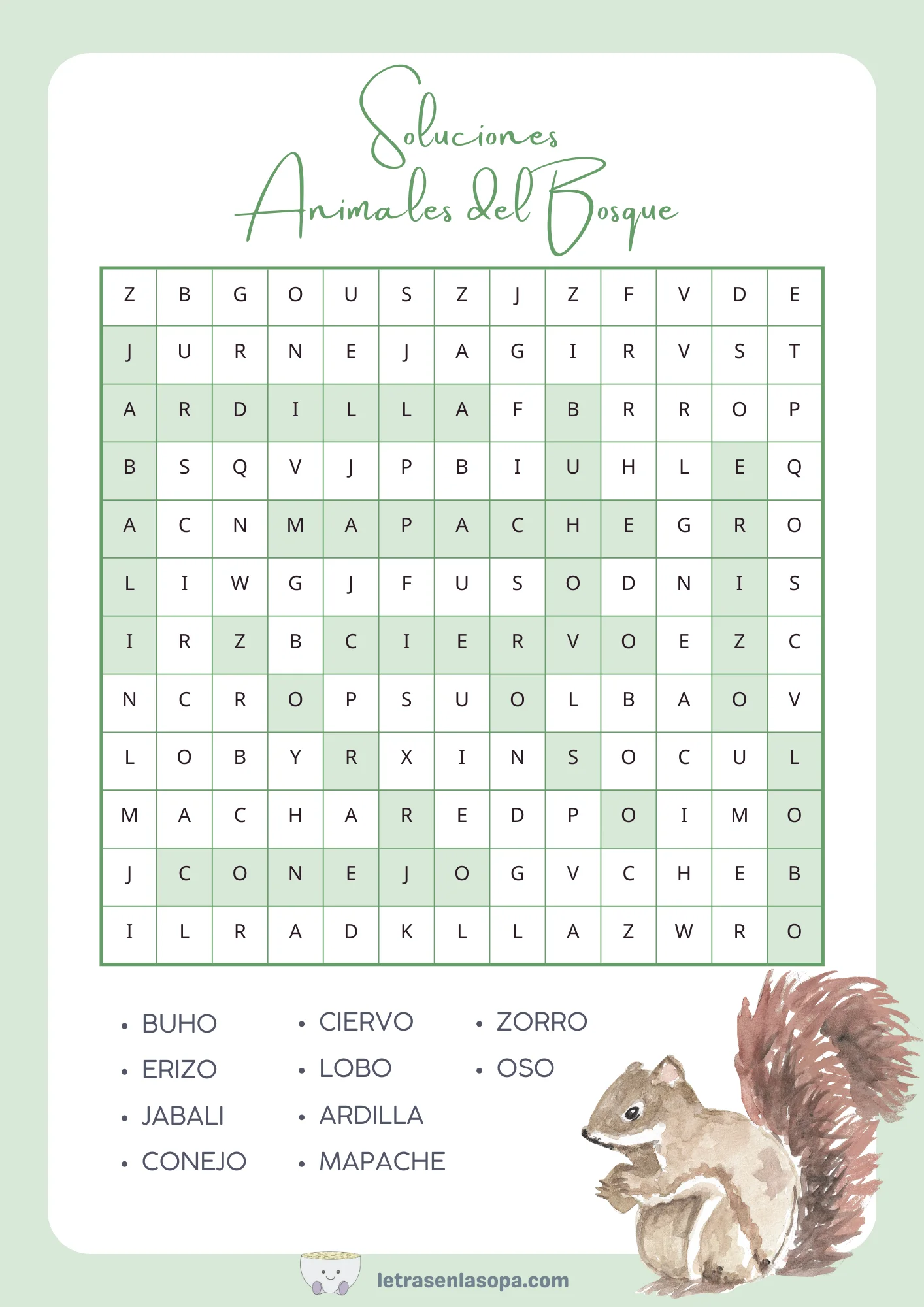 soluciones sopas de letras de animales para niños animales del bosque