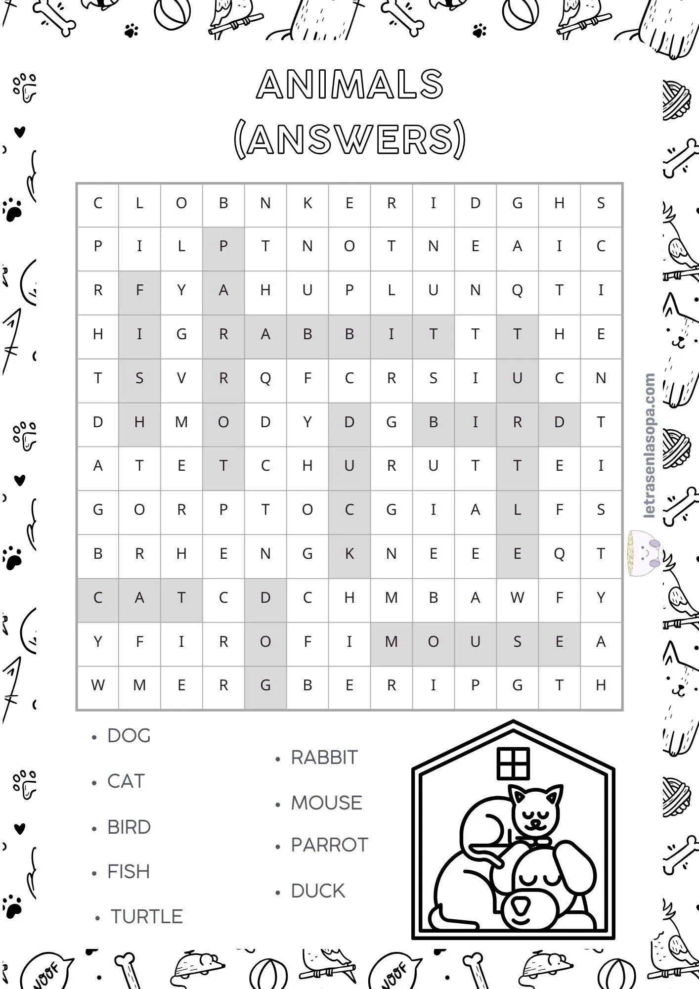 soluciones sopa de letras animales inglés animales colorear