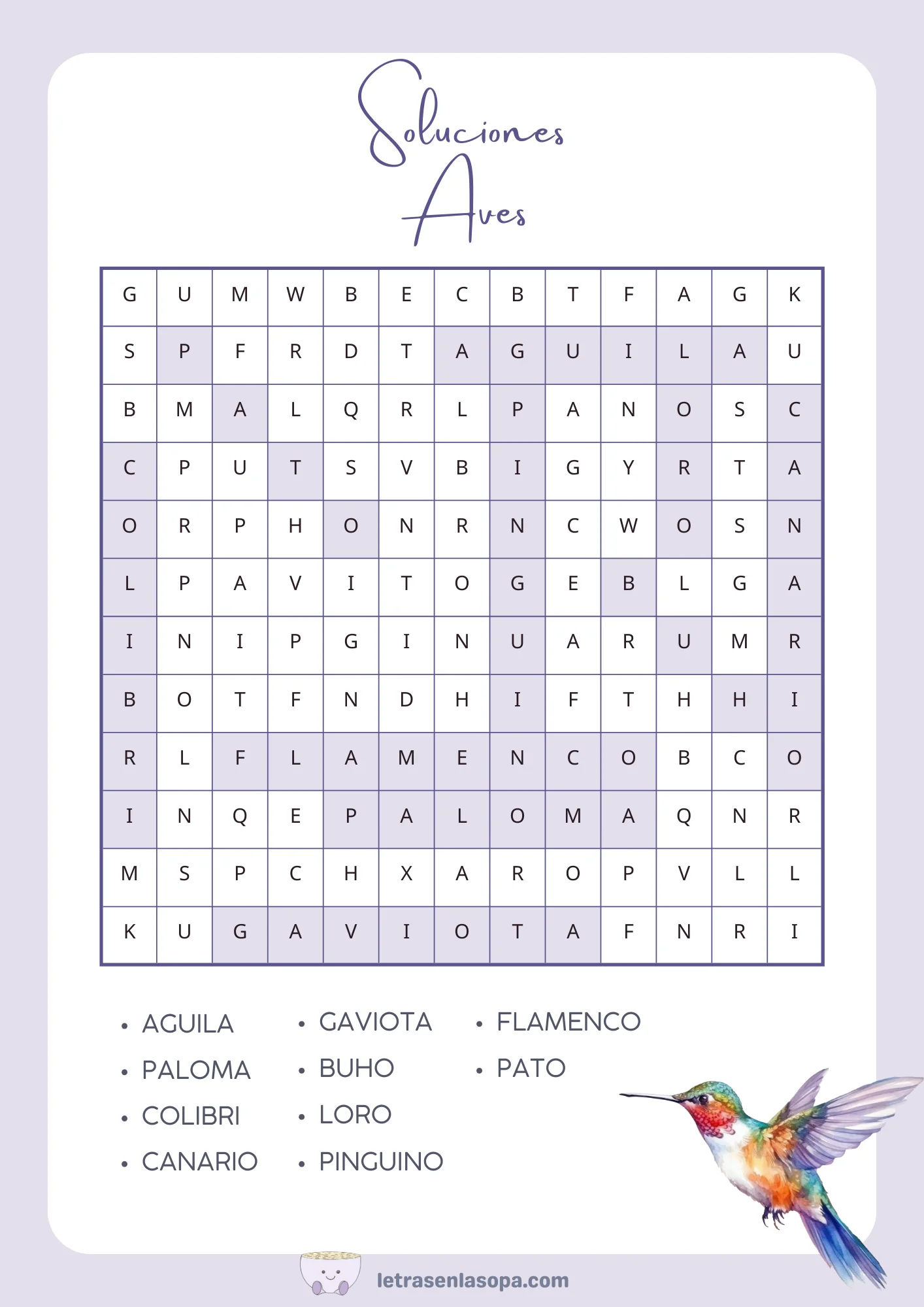 soluciones sopas de letras de animales para niños animales aves