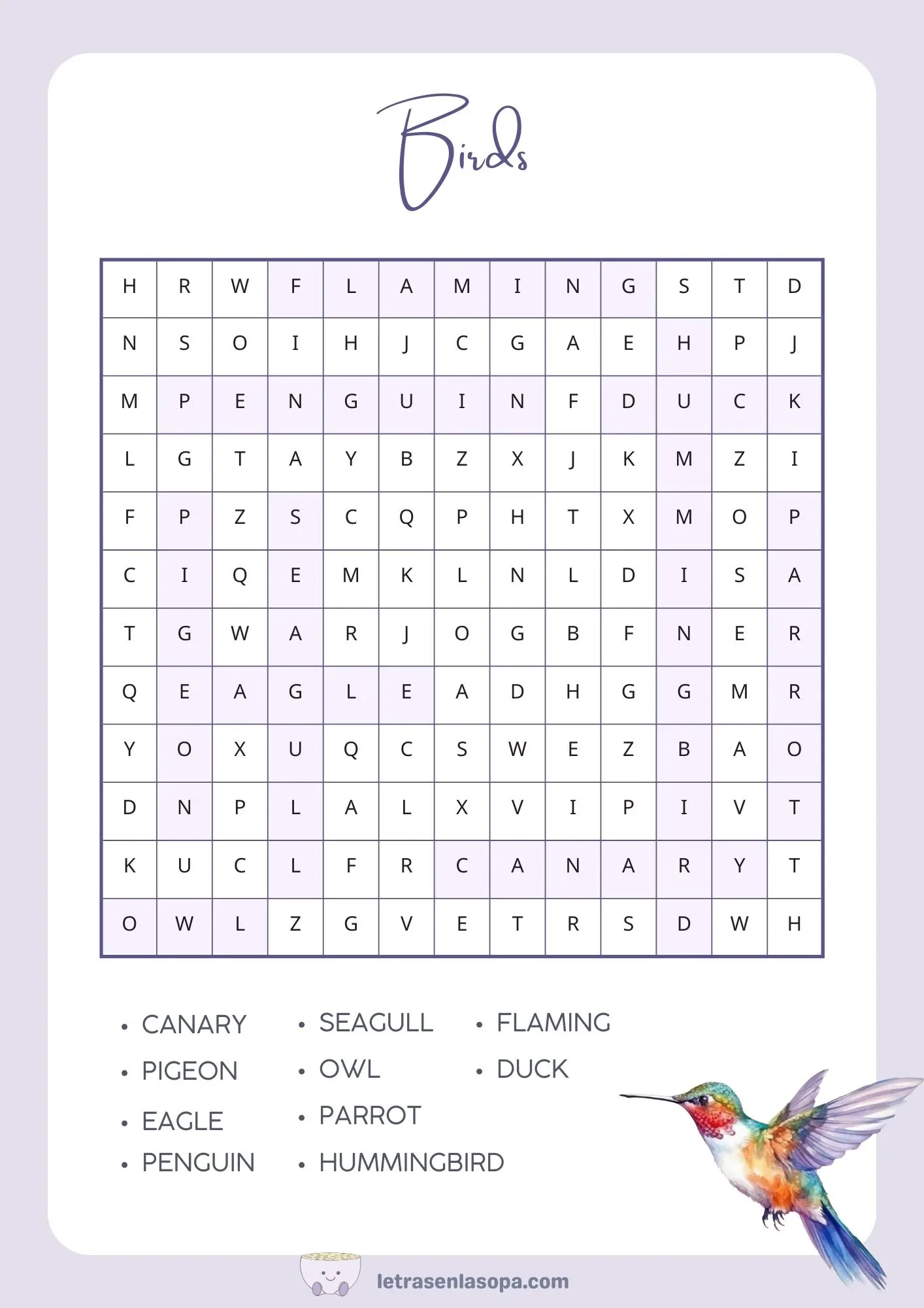 soluciones sopa de letras animales inglés animales aves