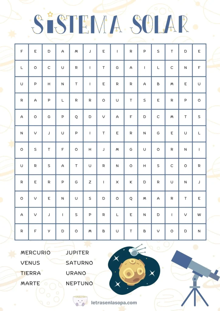 sopas de letras niños gratis sistema solar