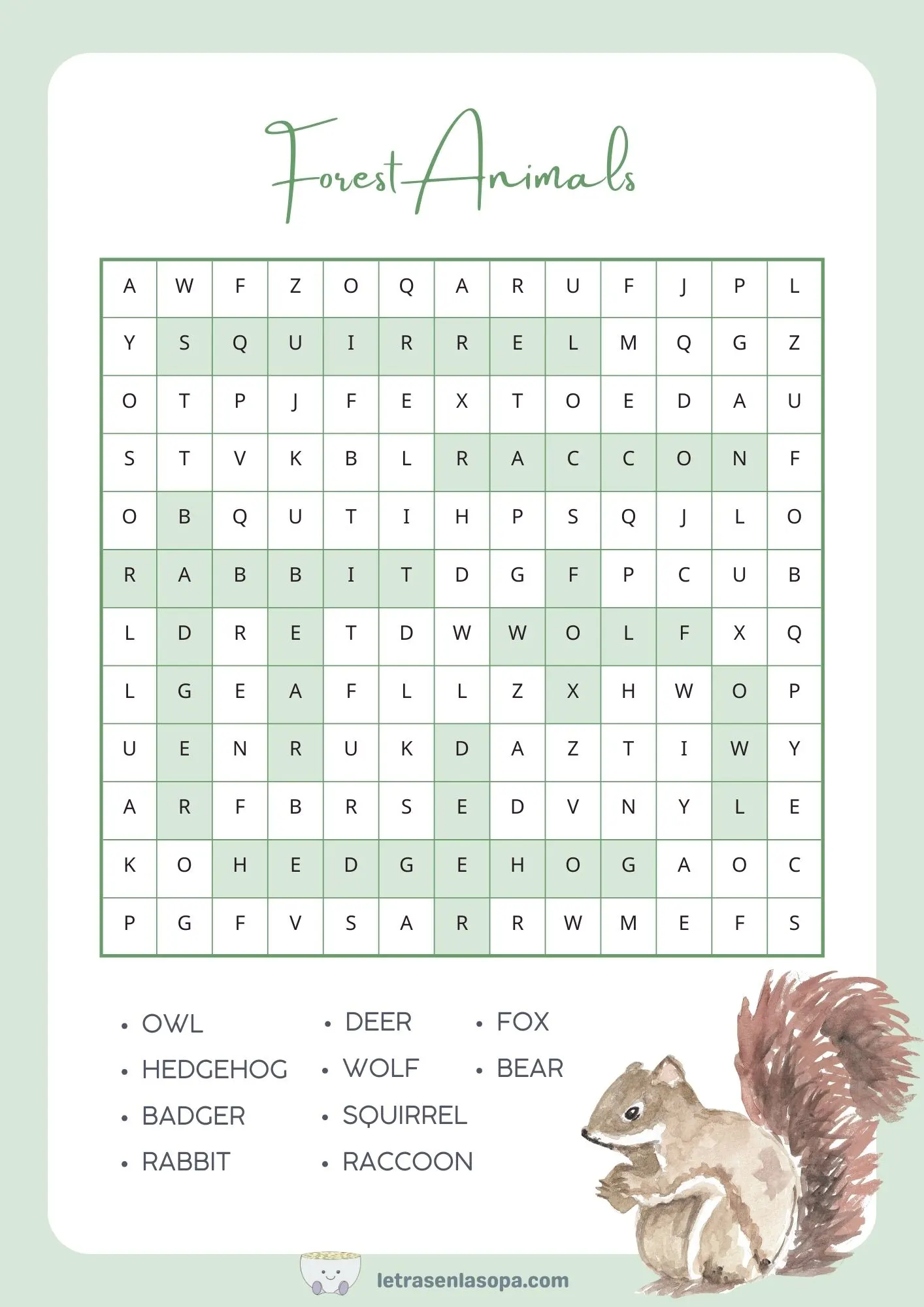 soluciones sopa de letras animales inglés animales del bosque