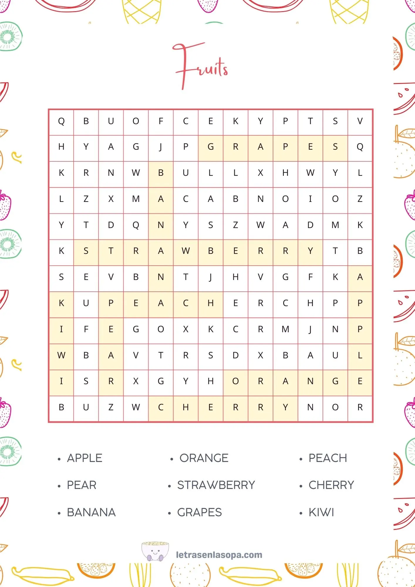 soluciones sopas de letras frutas en inglés