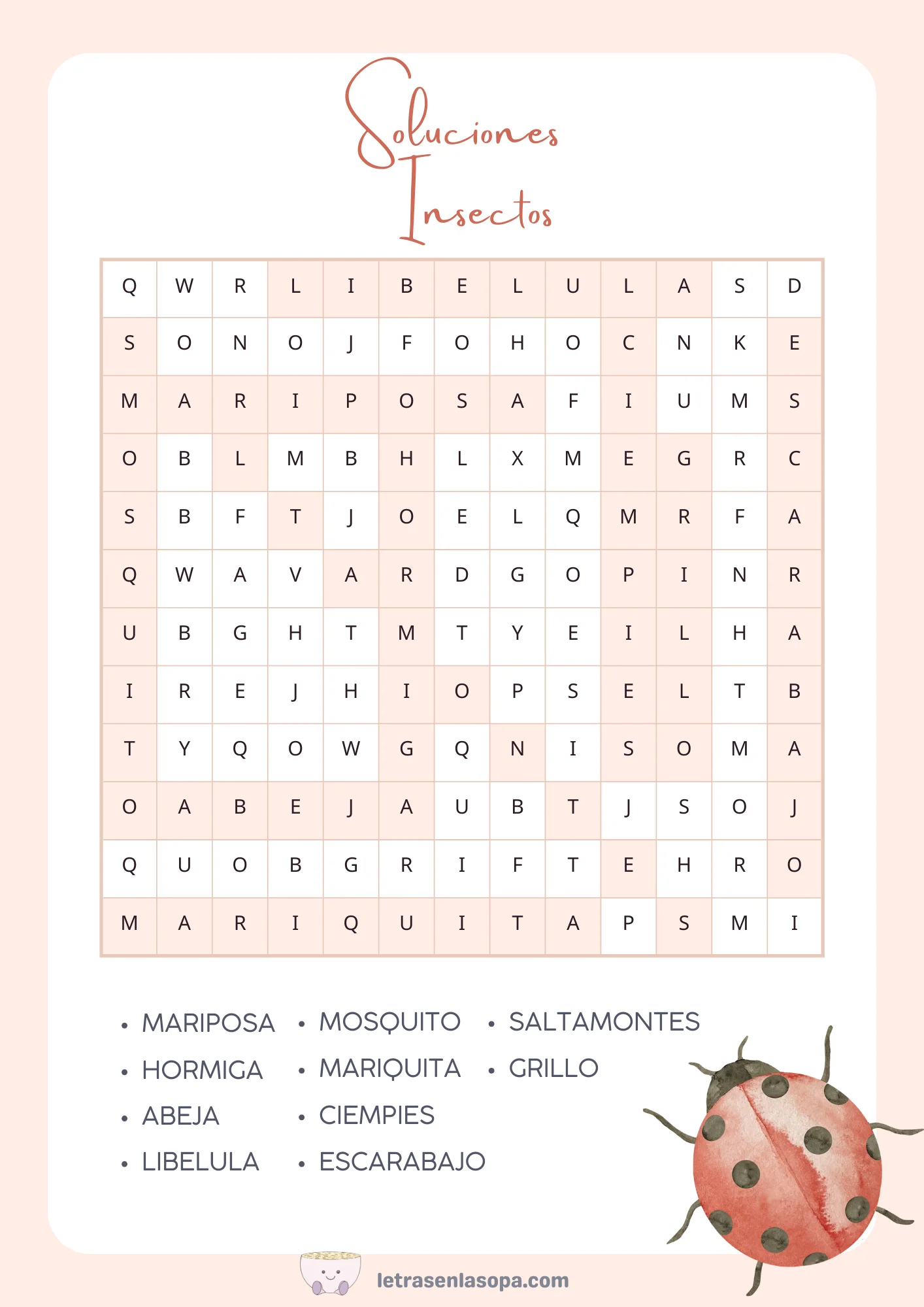 soluciones sopas de letras de animales para niños animales insectos