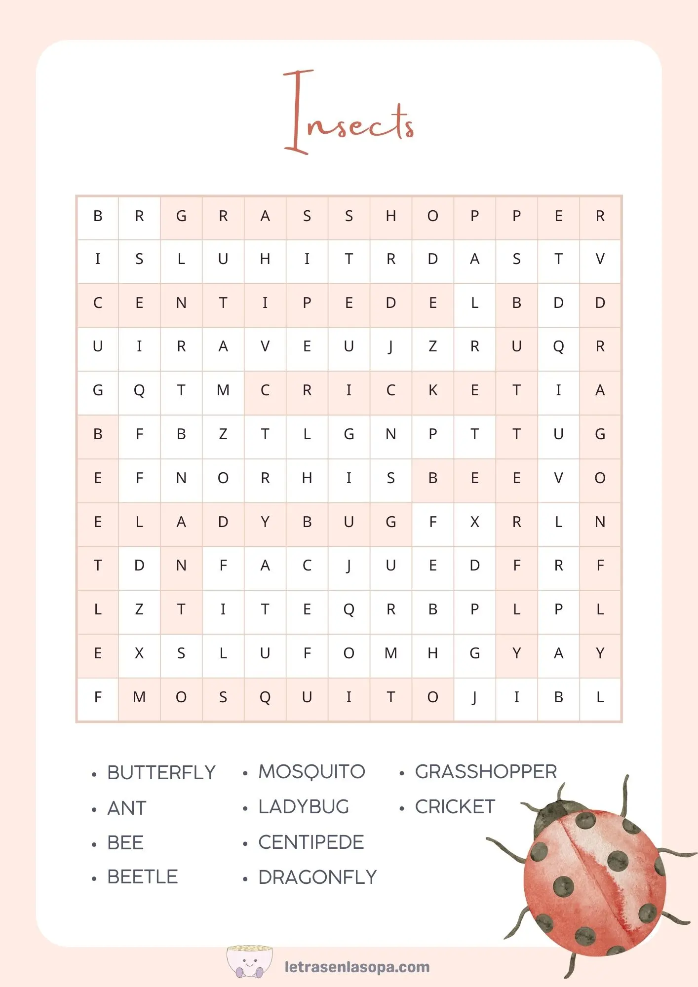 soluciones sopa de letras animales inglés animales insectos