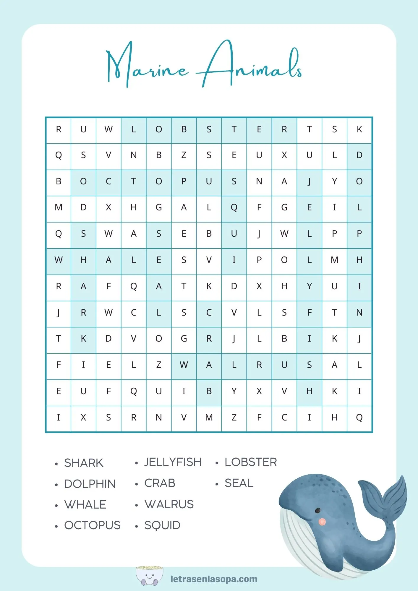 soluciones sopa de letras animales inglés animales marinos