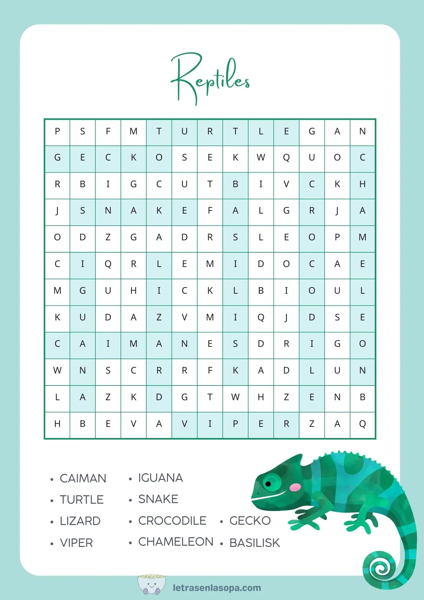 soluciones sopa de letras animales inglés animales reptiles