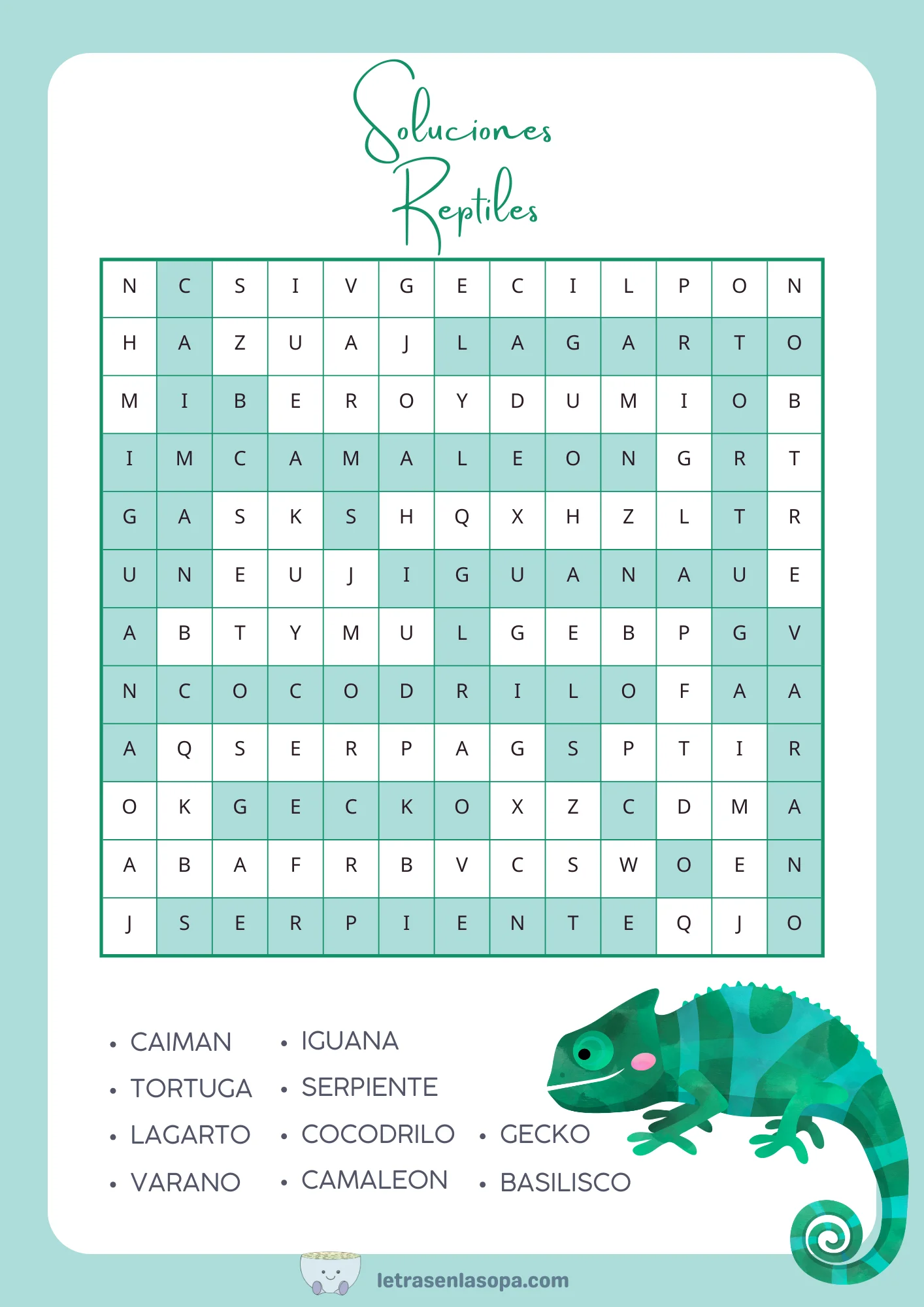 soluciones sopas de letras de animales para niños animales reptiles