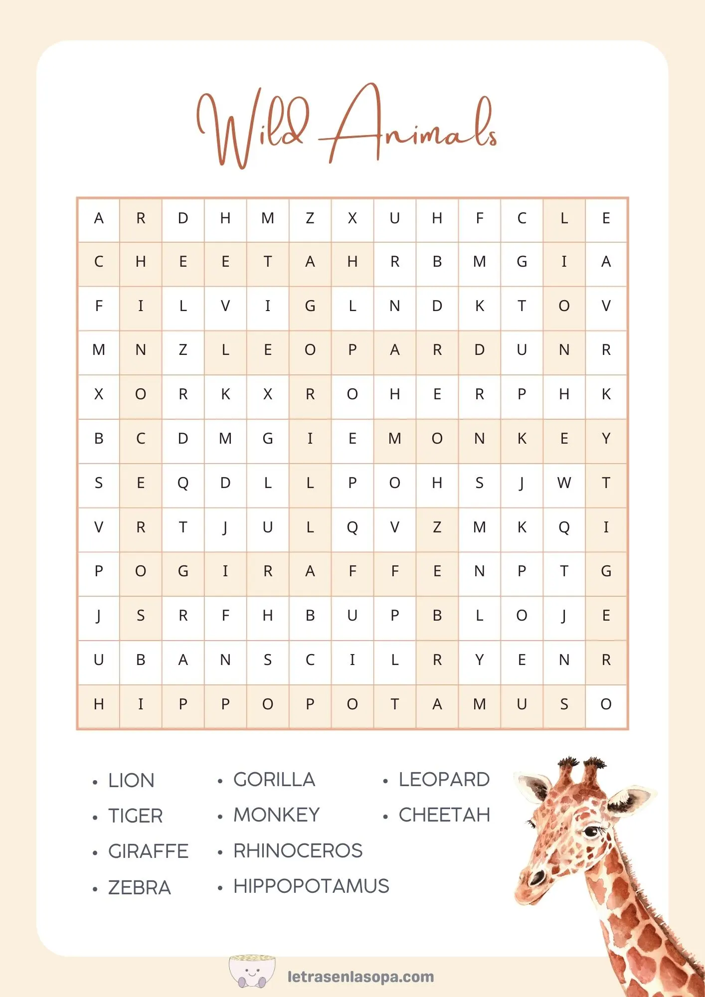 soluciones sopa de letras animales inglés animales salvajes