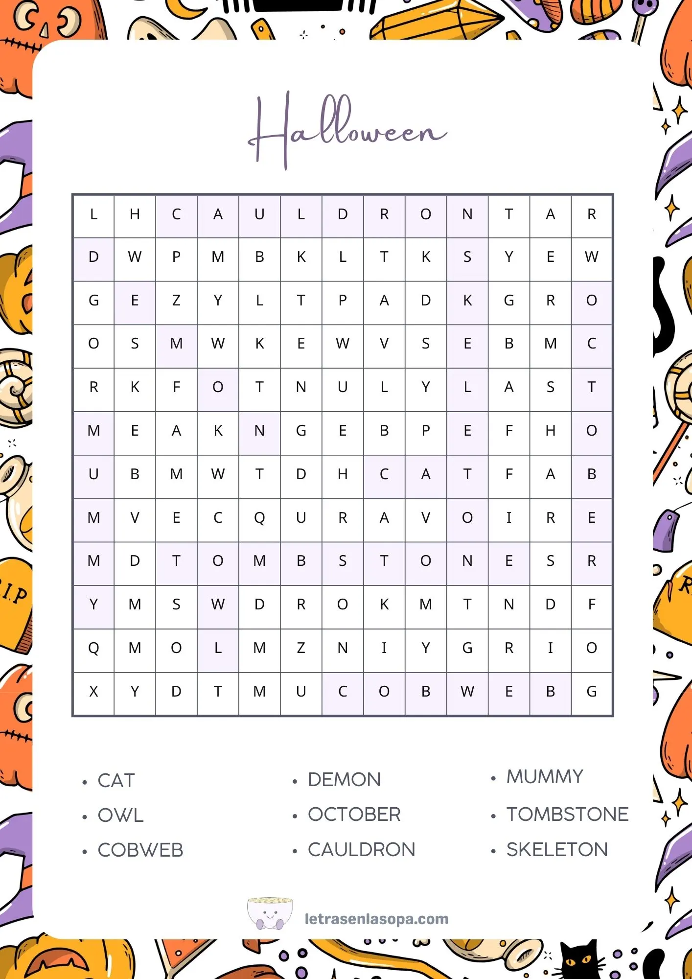 soluciones Sopas de letras halloween en inglés gratis